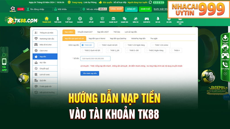 Hướng dẫn nạp tiền TK88